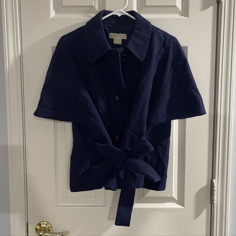NWT Michael Kors Womens Classic Navy Blue Wool Short Sleeve‎ Belted Pea Coat XL